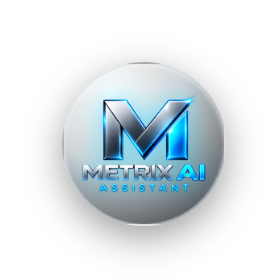 Metrix AI assistant button: a round glass button with the glowing Metrix AI logo